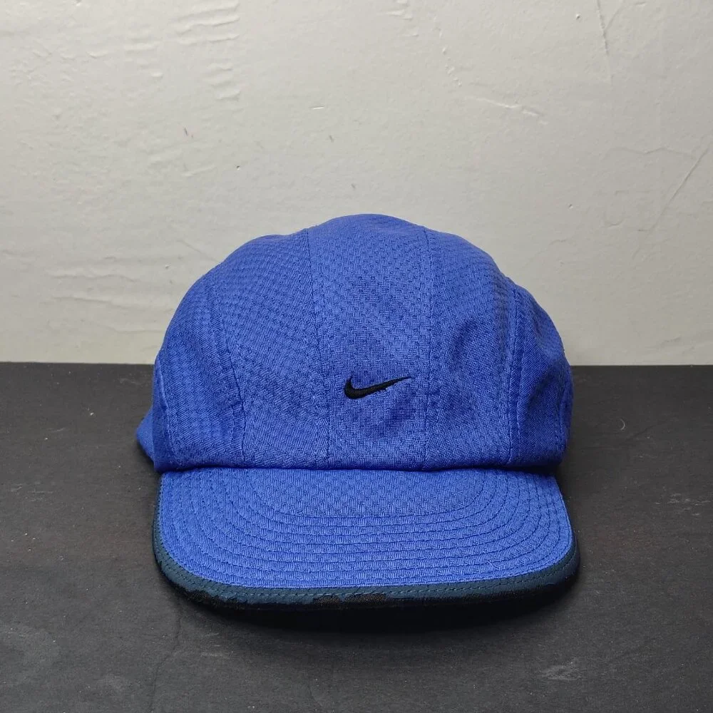 VINTAGE Nike Hat Cap Blue Black Tailwind 7 Panel Mesh Mini Swoosh Running - Picture 2 of 16